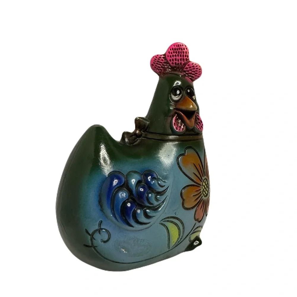 Chicken Feed Vintage Funky Whimsical Hen Chicken Coin Bank Bow Flowers 6.5” Tall - Picture 2 of 12